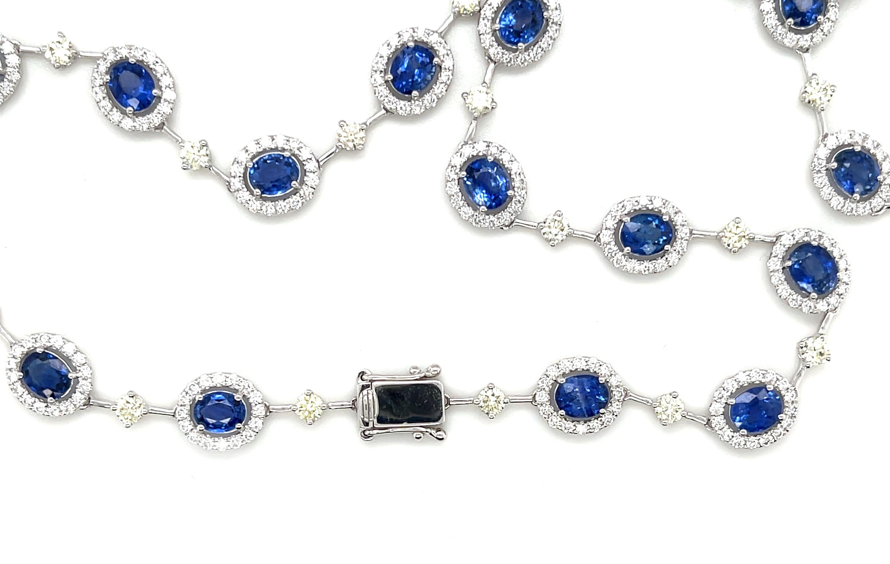 Women's Blue Sapphire, White and Lemon Yellow Diamond Riviera Necklace in 18k White Gold For Sale