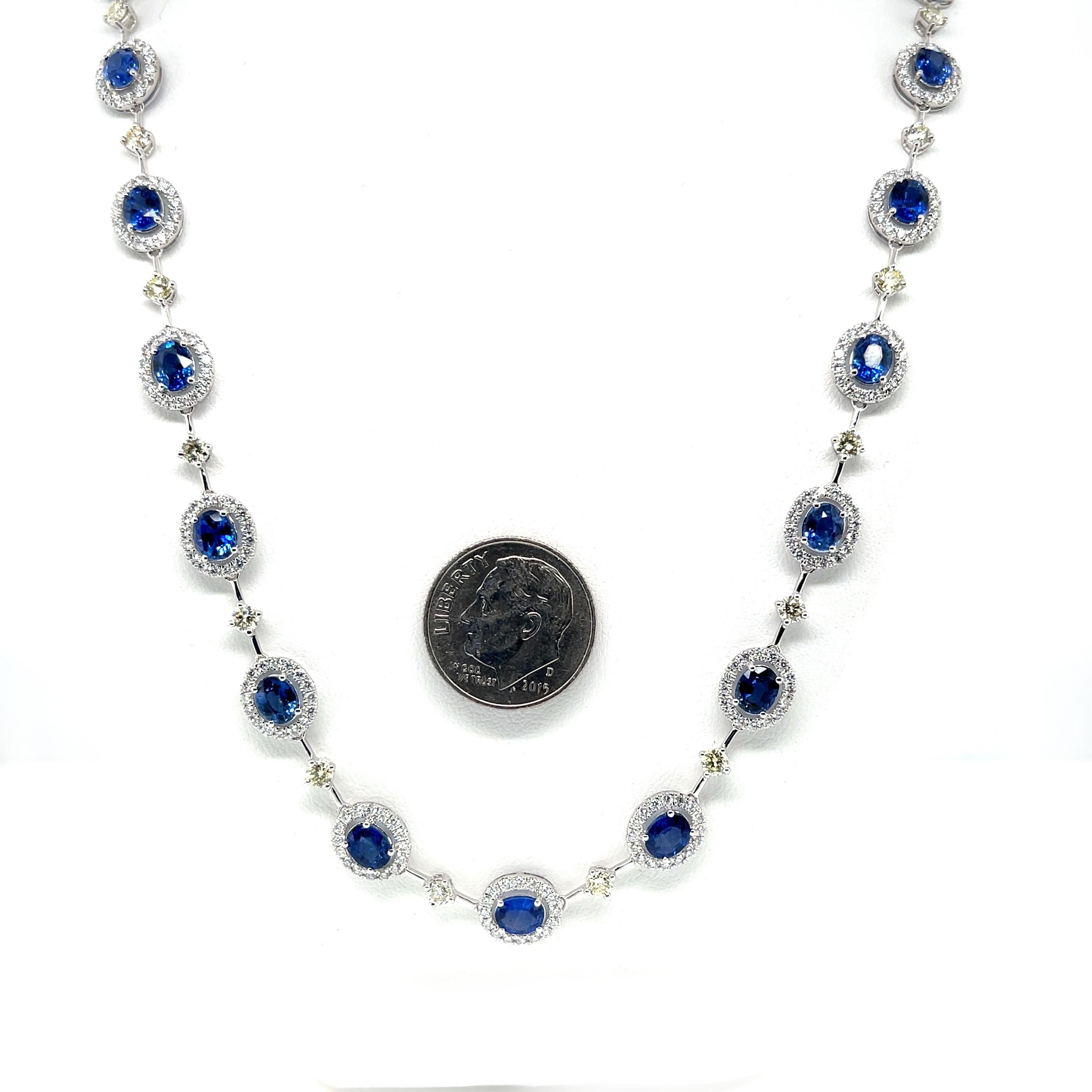 Blue Sapphire, White and Lemon Yellow Diamond Riviera Necklace in 18k White Gold For Sale 2