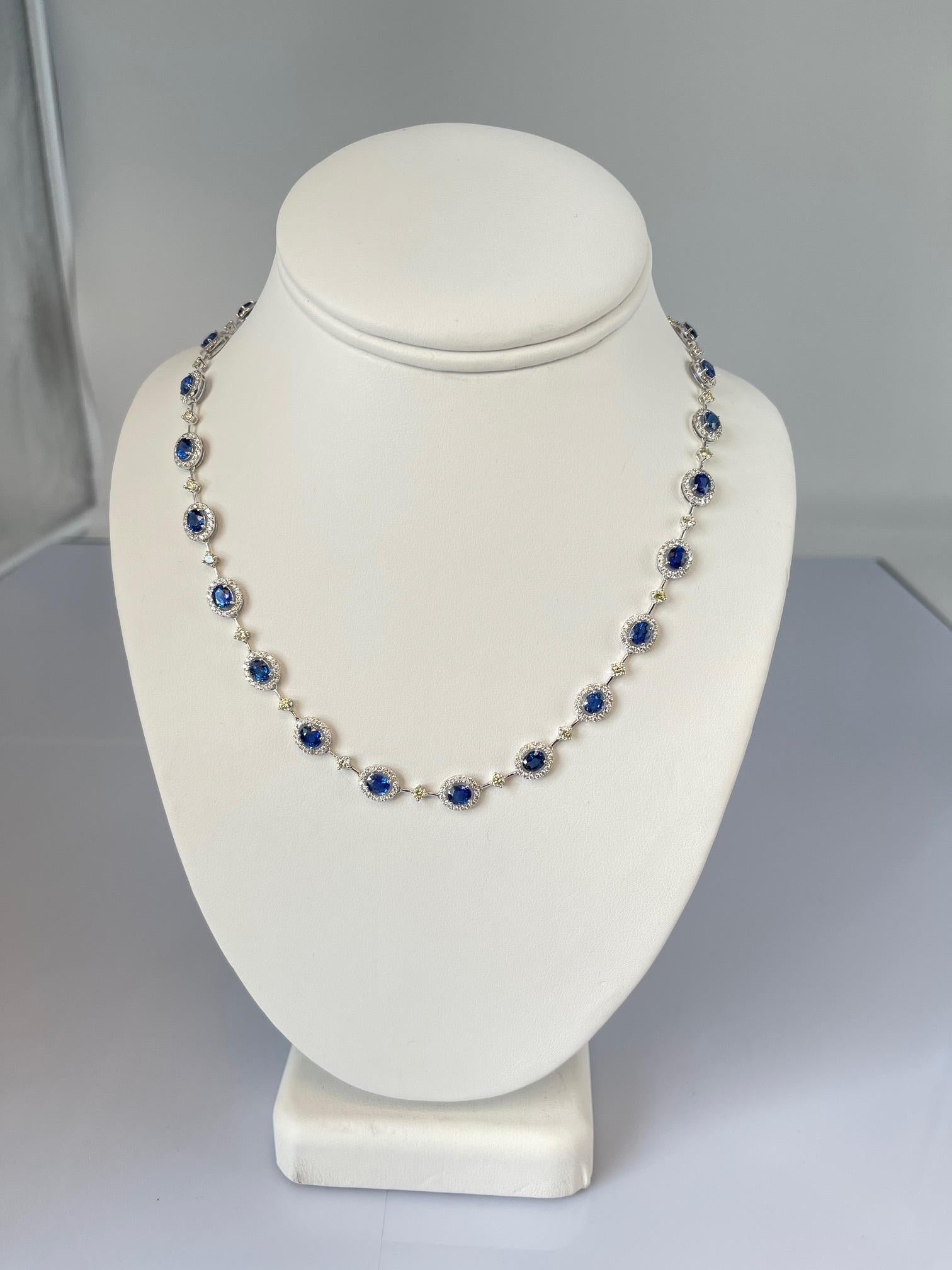 Blue Sapphire, White and Lemon Yellow Diamond Riviera Necklace in 18k White Gold For Sale 3
