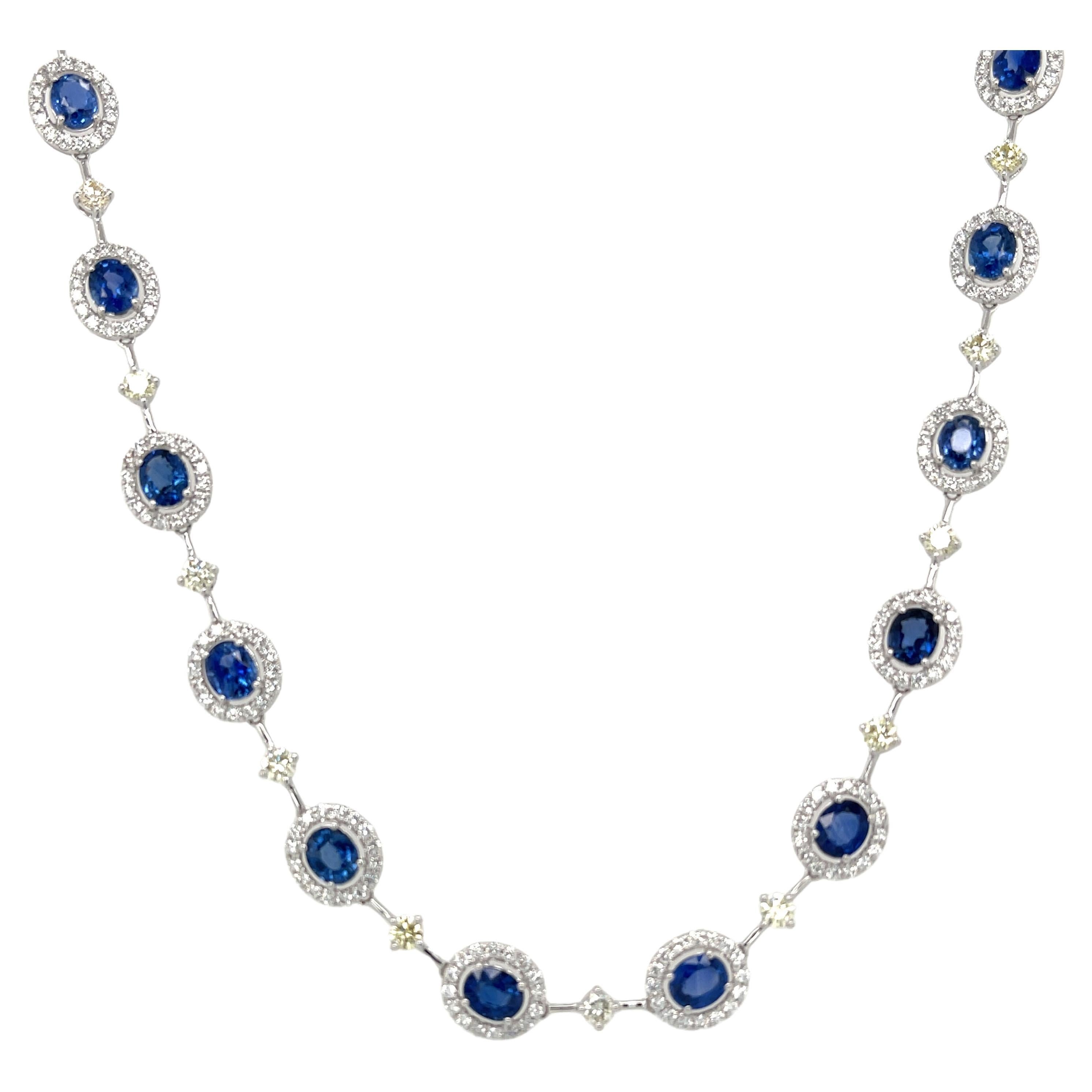 Blue Sapphire, White and Lemon Yellow Diamond Riviera Necklace in 18k White Gold For Sale