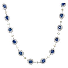 Blue Sapphire, White and Lemon Yellow Diamond Riviera Necklace in 18k White Gold