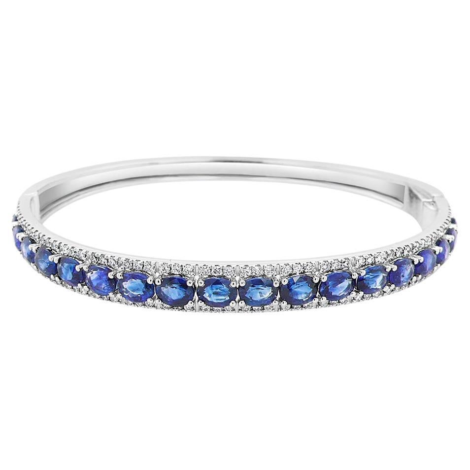 Blue Sapphire White Diamond 18K White Gold Chic Bangle Bracelet