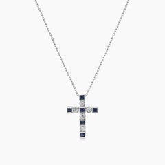 Blue Sapphire White Diamond 18K White Gold Cross Pendant Necklace