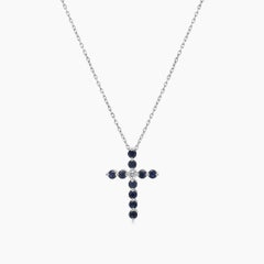 Blue Sapphire White Diamond 18K White Gold Cross Pendant Necklace