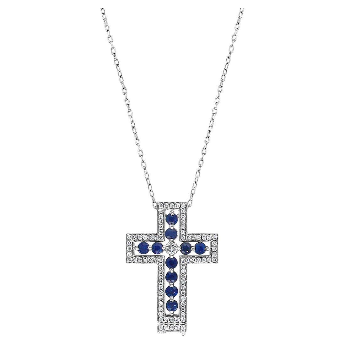 Collana con ciondolo a croce in oro bianco 18 carati con zaffiro blu e diamanti bianchi