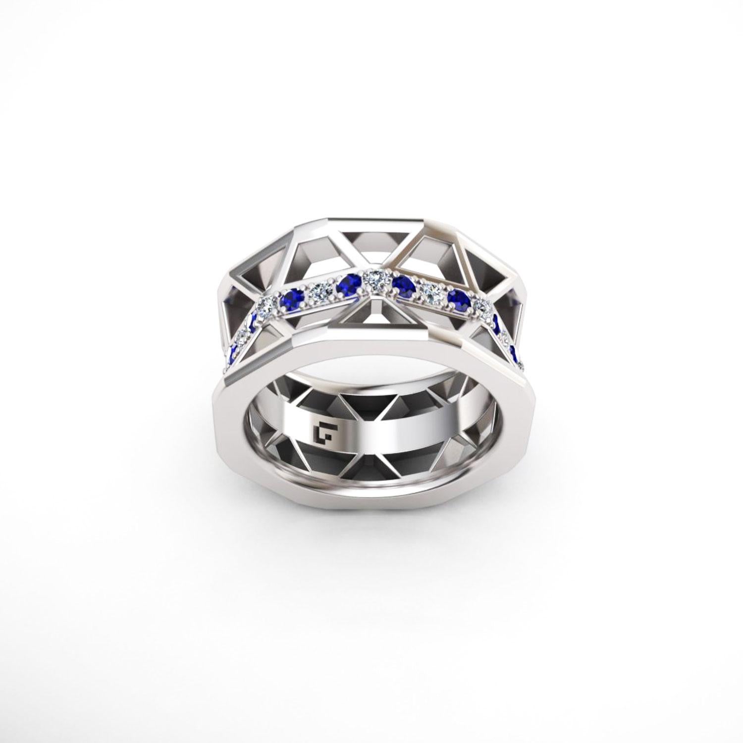 White 18K Gold Ring 
*Same Model with another stones and gold available 

Diamond  0,14 ct
Blue Sapphire 0,12 ct
Weight 12 grams
 
This collection was created inspired by the wonderful and controversial
Castel Del Monte (Castle of the Mountain)