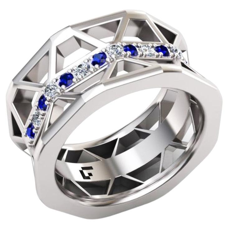 Blue Sapphire White Diamond Band Elegant White 18K Gold Ring for Her for Him