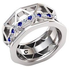 Blue Sapphire White Diamond Band Elegant White 18K Gold Ring for Her for Him