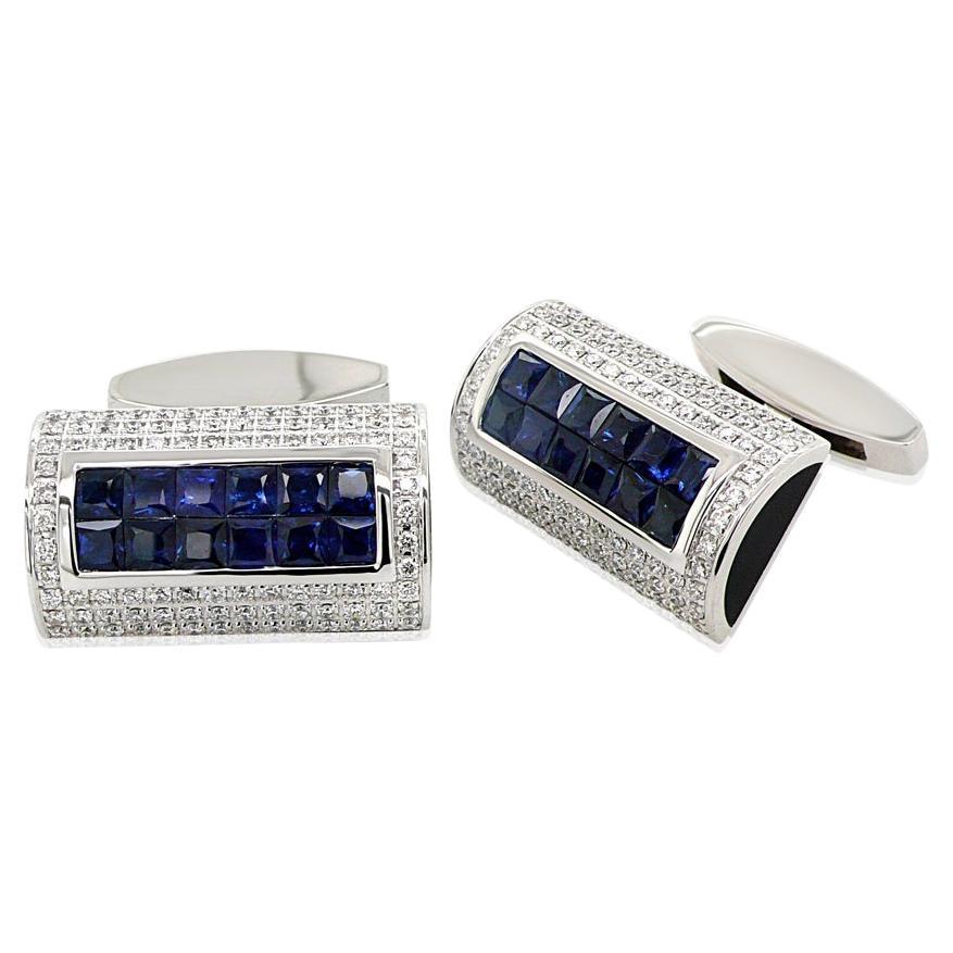 Boutons de manchette en or blanc 18K saphir bleu, diamant blanc et onyx noir en vente