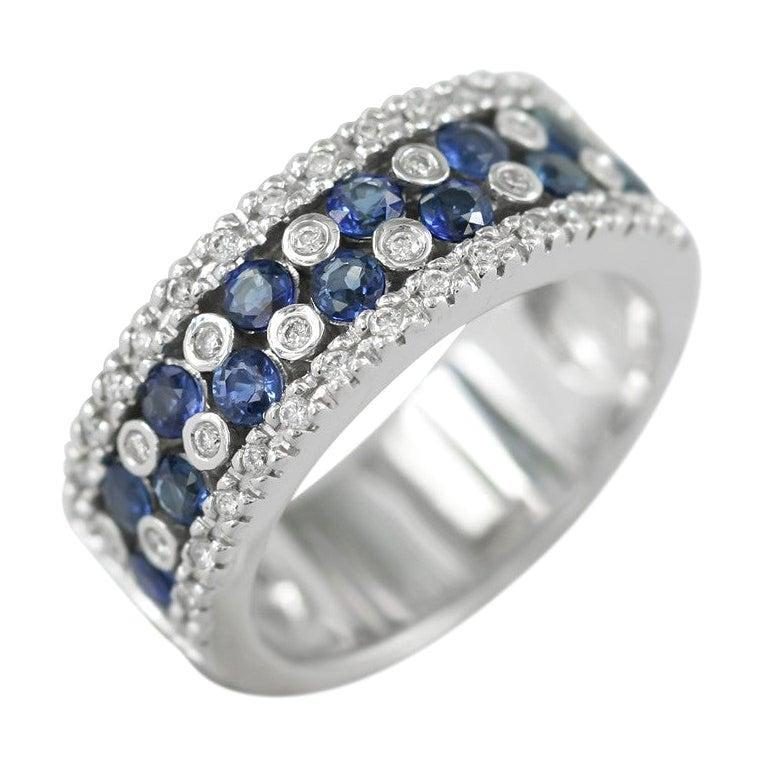 For Sale:  Blue Sapphire White Diamond Classic Combination Band White Gold Ring