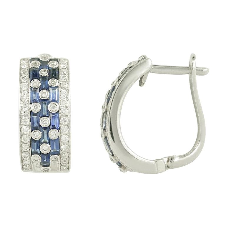 Blue Sapphire White Diamond Classic Combination White Gold Lever-Back Earrings