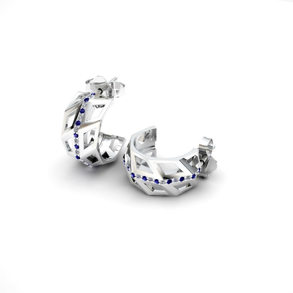 Round Cut Blue Sapphire White Diamond Elegant White 18K Gold Earrings for Her for Him For Sale