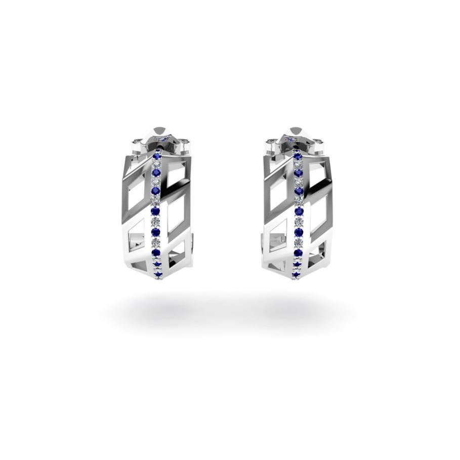 Blue Sapphire White Diamond Elegant White 18K Gold Earrings for Her for Him In New Condition For Sale In Genève, GE