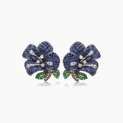 Blue Sapphire White Diamond & Green Garnet Lilly Flower White Gold Earrings