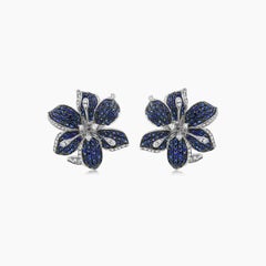 Blue Sapphire White Diamond & Green Garnet Lilly Flower White Gold Earrings
