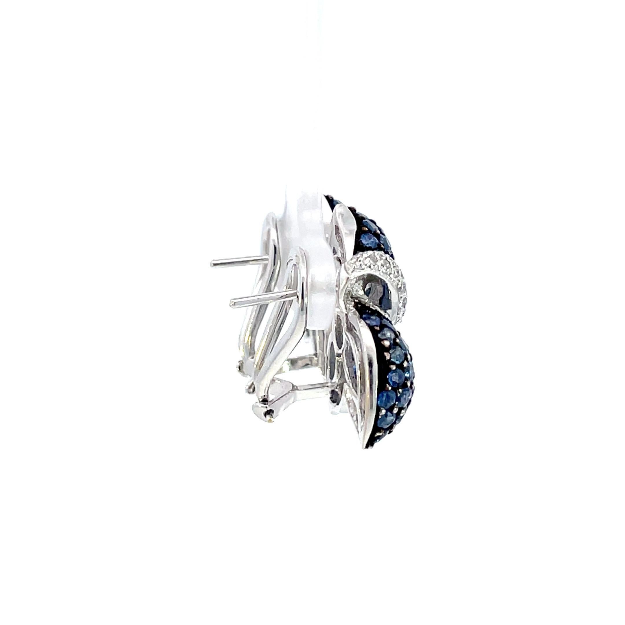 Contemporary Blue Sapphire & White Diamond Leaf Earrings in 18 Karat White Gold For Sale