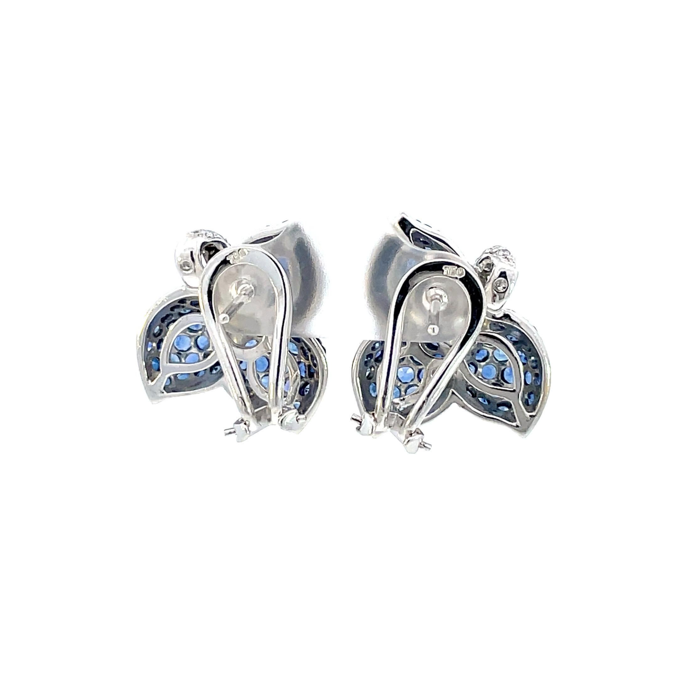 Round Cut Blue Sapphire & White Diamond Leaf Earrings in 18 Karat White Gold For Sale
