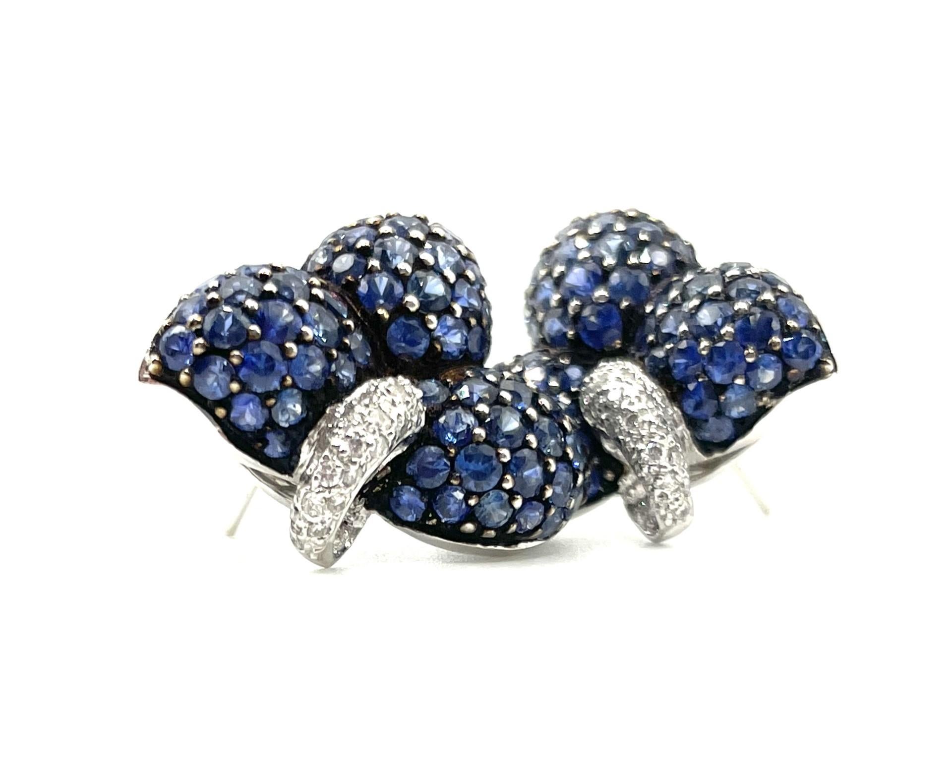 Women's Blue Sapphire & White Diamond Leaf Earrings in 18 Karat White Gold For Sale