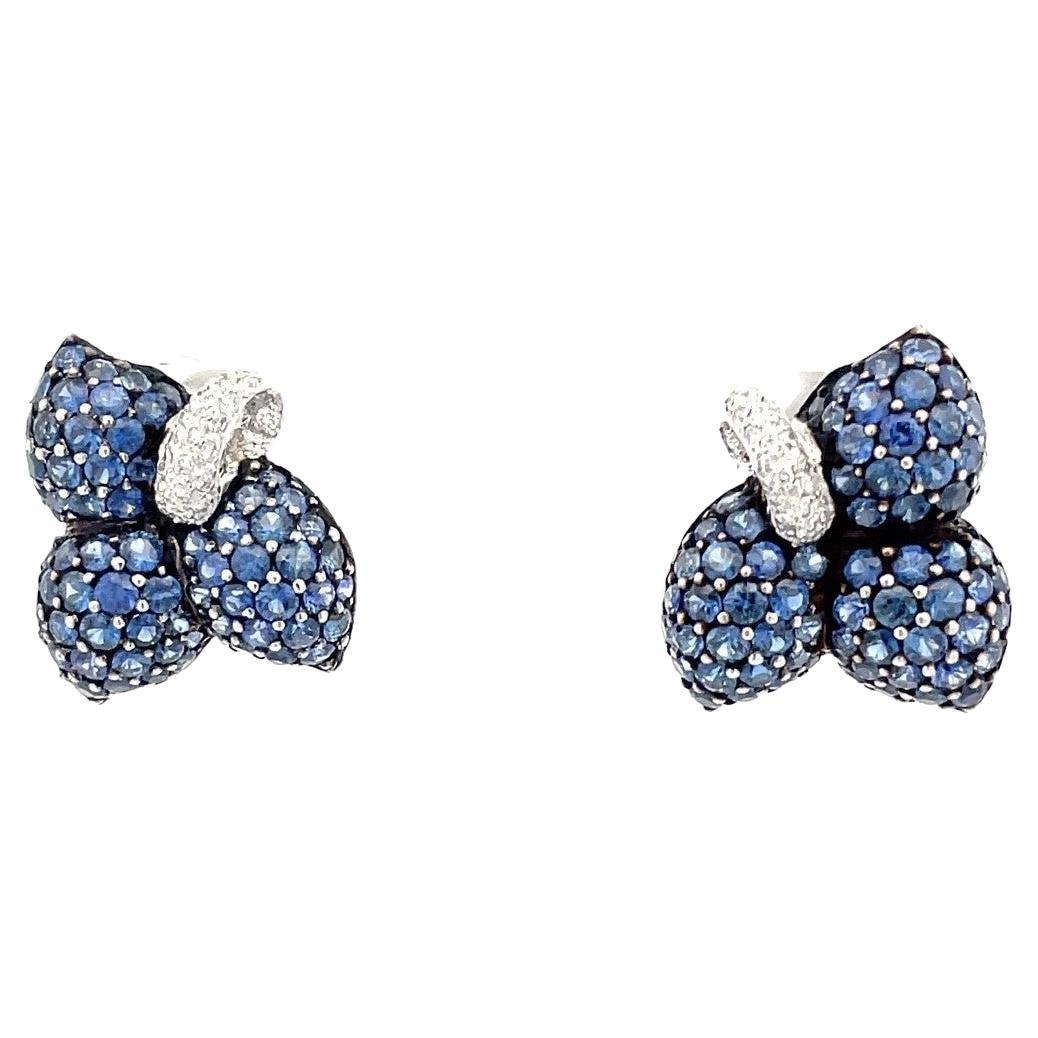 Blue Sapphire & White Diamond Leaf Earrings in 18 Karat White Gold For Sale