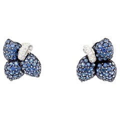 Blue Sapphire & White Diamond Leaf Earrings in 18 Karat White Gold