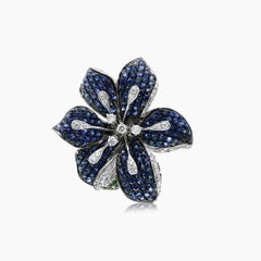 Blue Sapphire White Diamond & Lilly Flower Floral 18K White Gold Ring