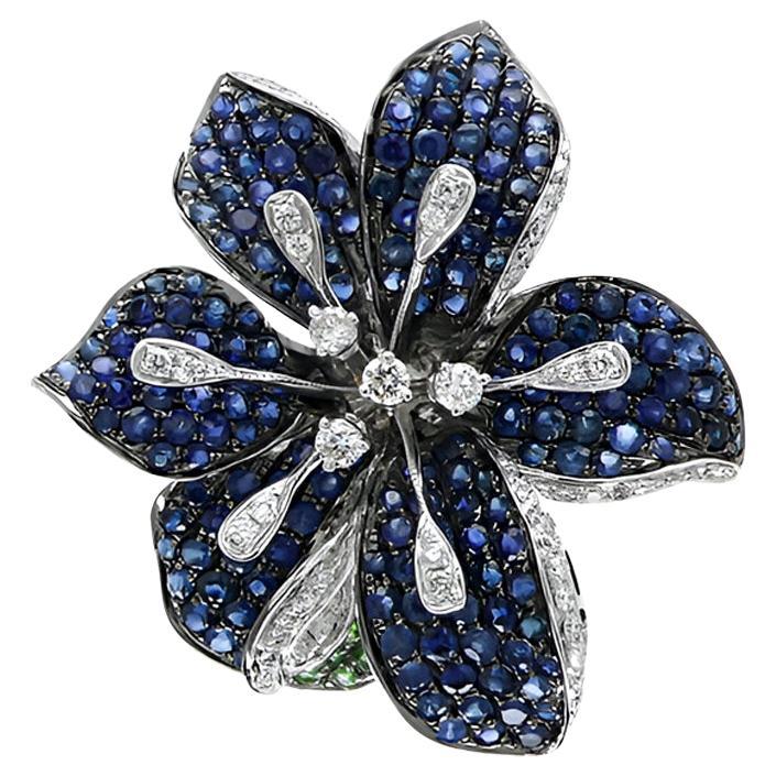 Blauer Saphir Weißer Diamant & Lilly Flower Floral 18K Weißgold Ring