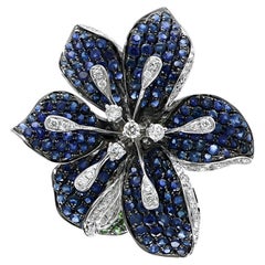 Blauer Saphir Weißer Diamant & Lilly Flower Floral 18K Weißgold Ring