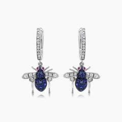 Blue Sapphire & White Diamond Pave Bee 18K White Gold Statement Animal Earrings