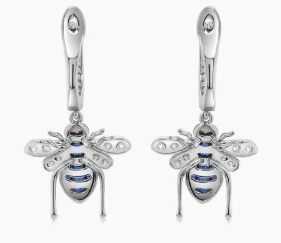 Blauer Saphir & weißer Diamant Pave Bee 18K Weißgold Statement-Tier-Ohrringe (Gemischter Schliff) im Angebot