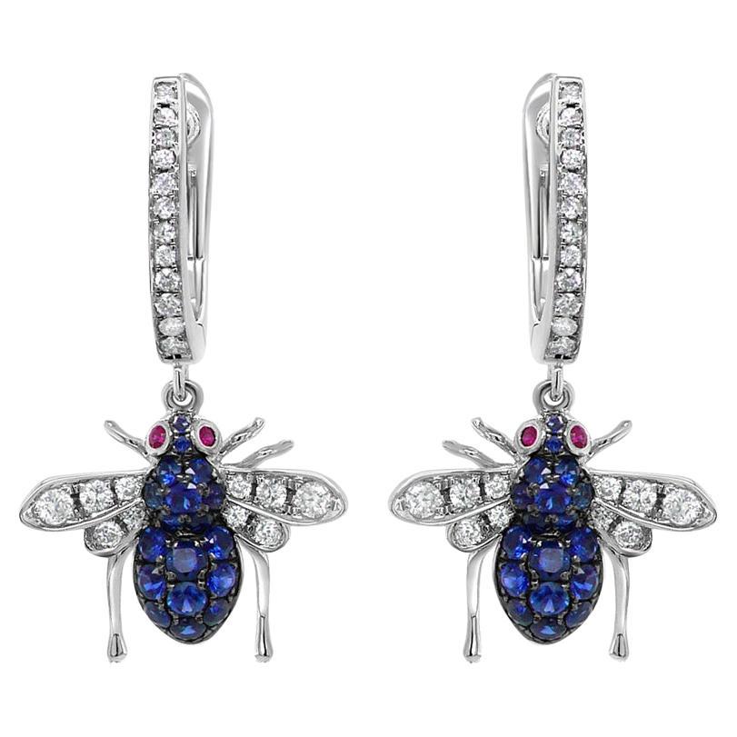 Blauer Saphir & weißer Diamant Pave Bee 18K Weißgold Statement-Tier-Ohrringe im Angebot