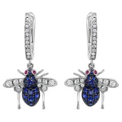 Blauer Saphir & weißer Diamant Pave Bee 18K Weißgold Statement-Tier-Ohrringe