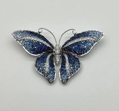 Blue Sapphire & White Diamond Pave Butterfly 18 Karat White Gold Brooch Pin