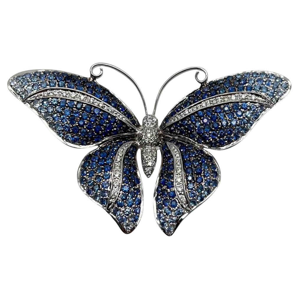 Blue Sapphire & White Diamond Pave Butterfly 18 Karat White Gold Brooch Pin