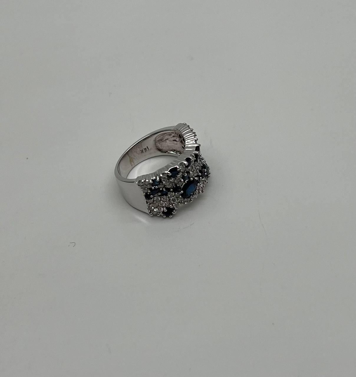 Mixed Cut Blue Sapphire & White Diamond Pave Cluster Set 14K White Gold Statement Ring For Sale