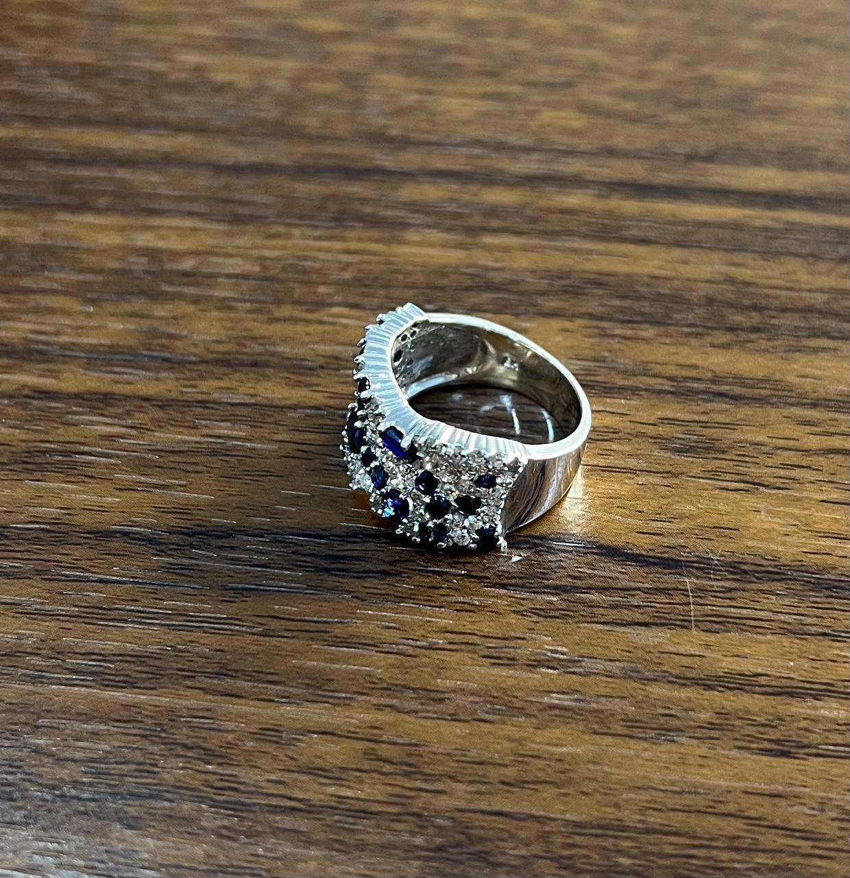 Women's Blue Sapphire & White Diamond Pave Cluster Set 14K White Gold Statement Ring For Sale