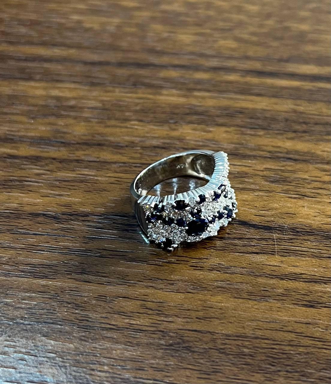 Blue Sapphire & White Diamond Pave Cluster Set 14K White Gold Statement Ring For Sale 1