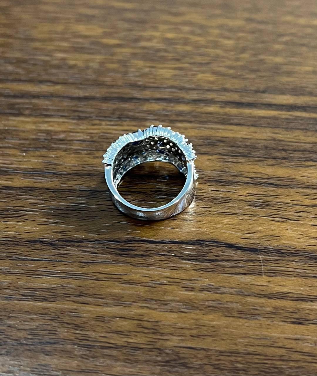 Blue Sapphire & White Diamond Pave Cluster Set 14K White Gold Statement Ring For Sale 2