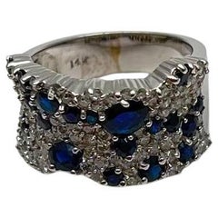 Blue Sapphire & White Diamond Pave Cluster Set 14K White Gold Statement Ring