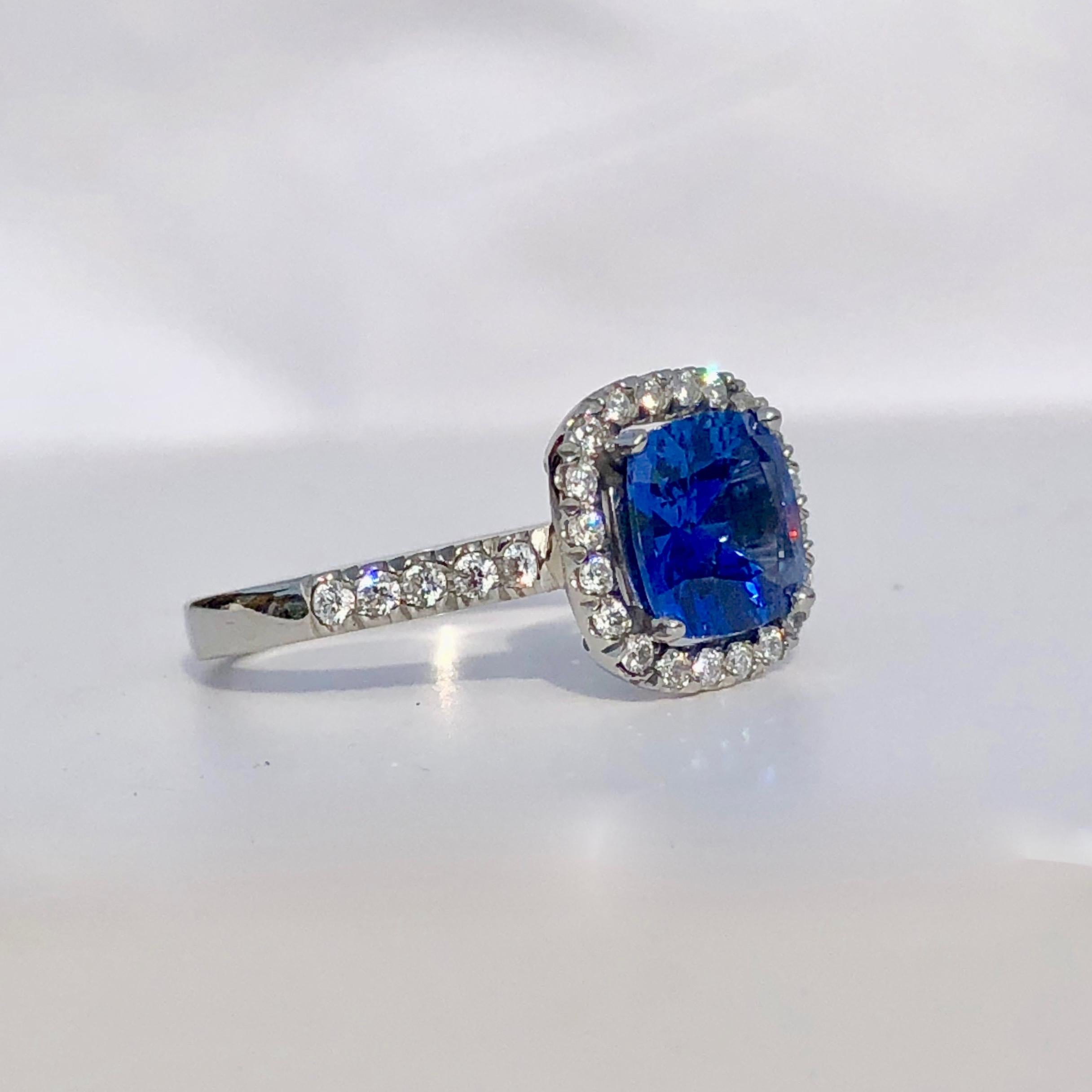 Cushion Cut Blue Sapphire White Diamond Platinum Engagement Round Brilliant Cut Halo Ring