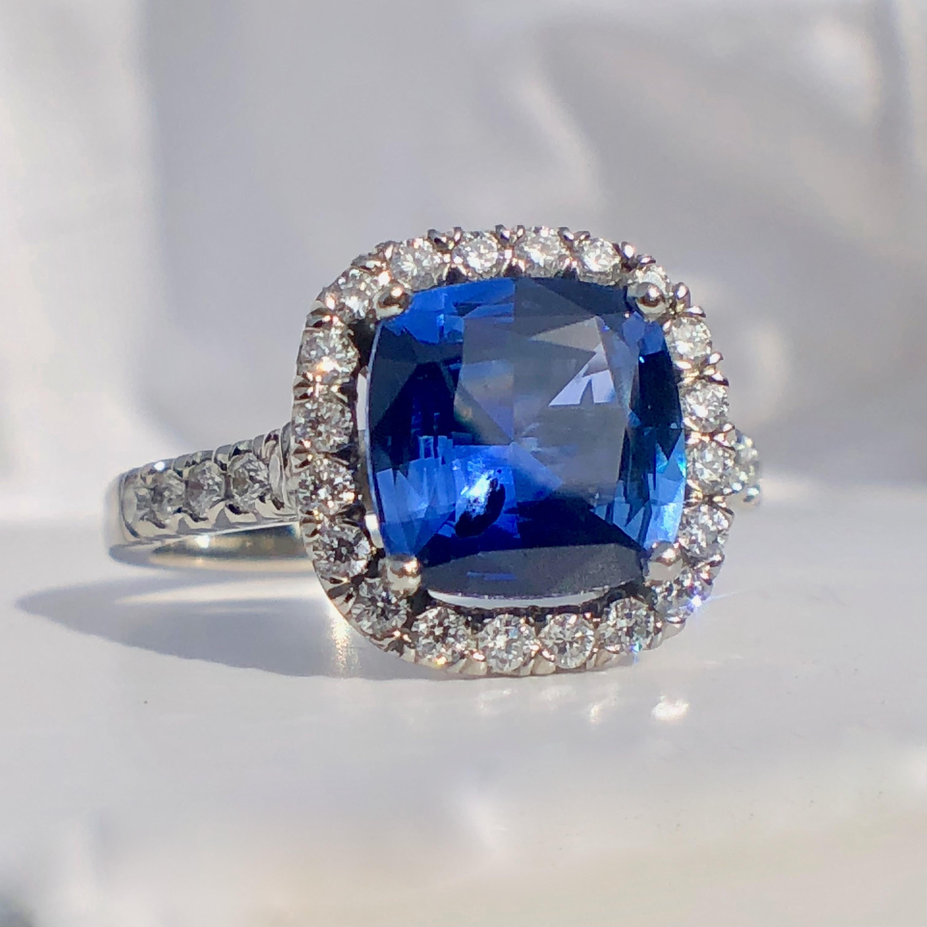 Blue Sapphire White Diamond Platinum Engagement Round Brilliant Cut Halo Ring 1