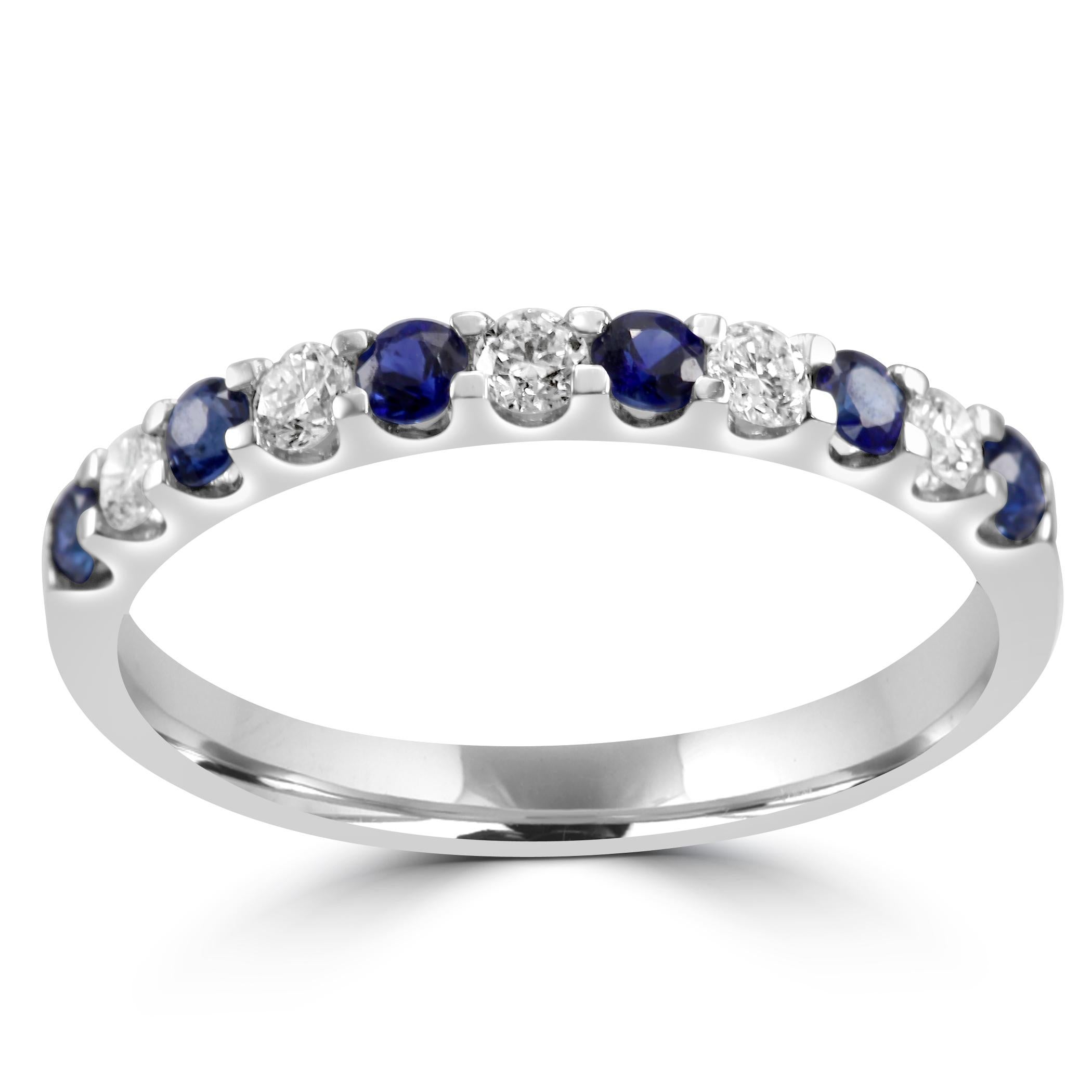 For Sale:  Blue Sapphire White Diamond Round 18K White Gold 11 Stone Engagement Band Ring 2