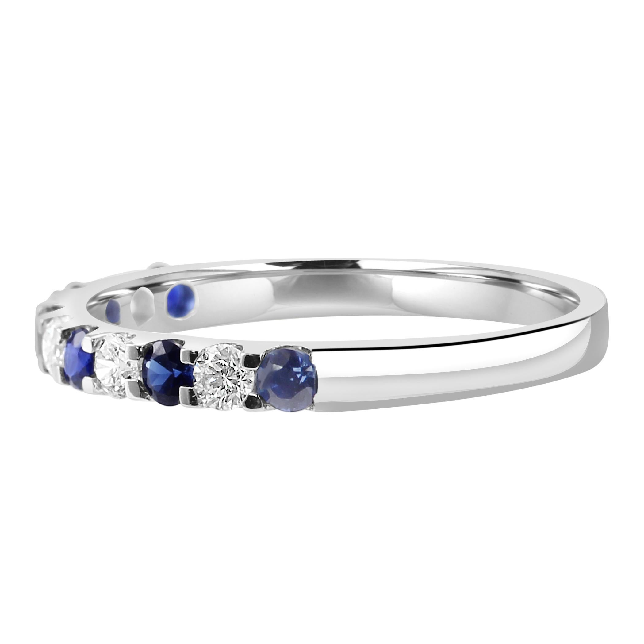 For Sale:  Blue Sapphire White Diamond Round 18K White Gold 11 Stone Engagement Band Ring 3