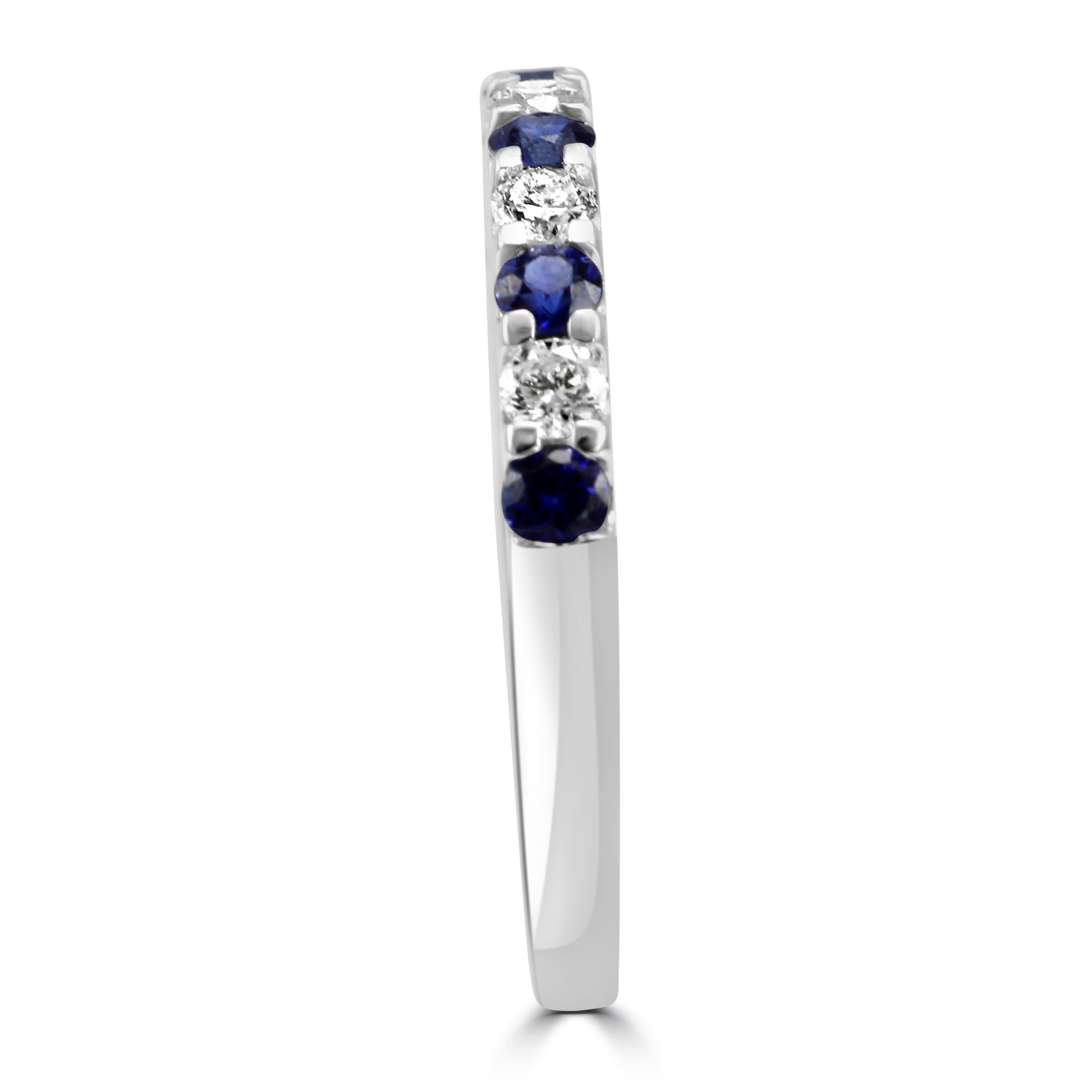 For Sale:  Blue Sapphire White Diamond Round 18K White Gold 11 Stone Engagement Band Ring 4