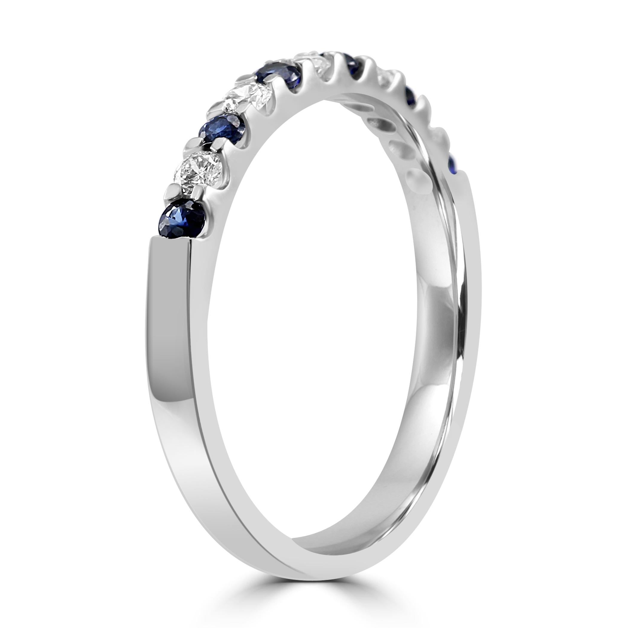 For Sale:  Blue Sapphire White Diamond Round 18K White Gold 11 Stone Engagement Band Ring 4