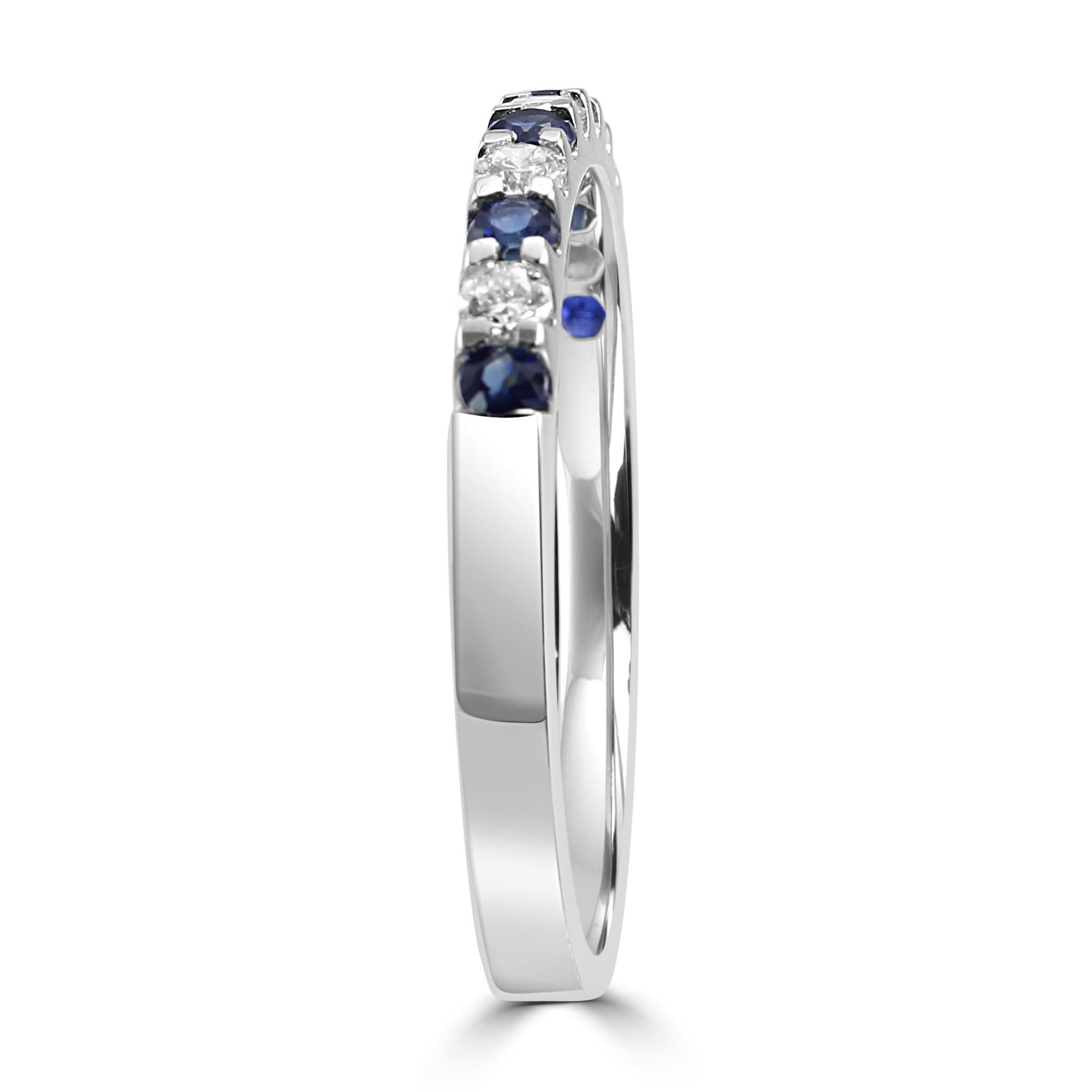 For Sale:  Blue Sapphire White Diamond Round 18K White Gold 11 Stone Engagement Band Ring 5