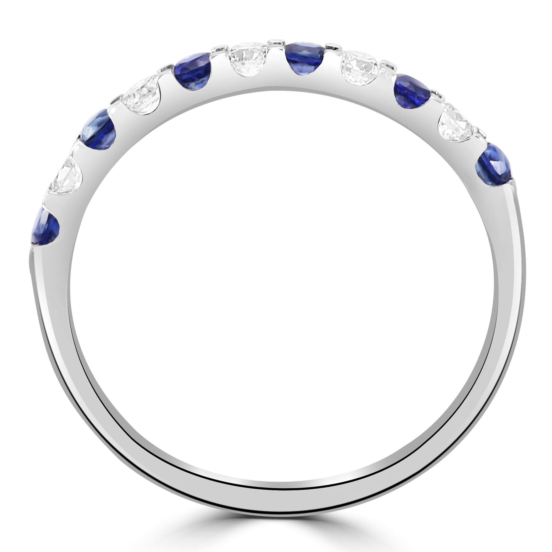 For Sale:  Blue Sapphire White Diamond Round 18K White Gold 11 Stone Engagement Band Ring 6