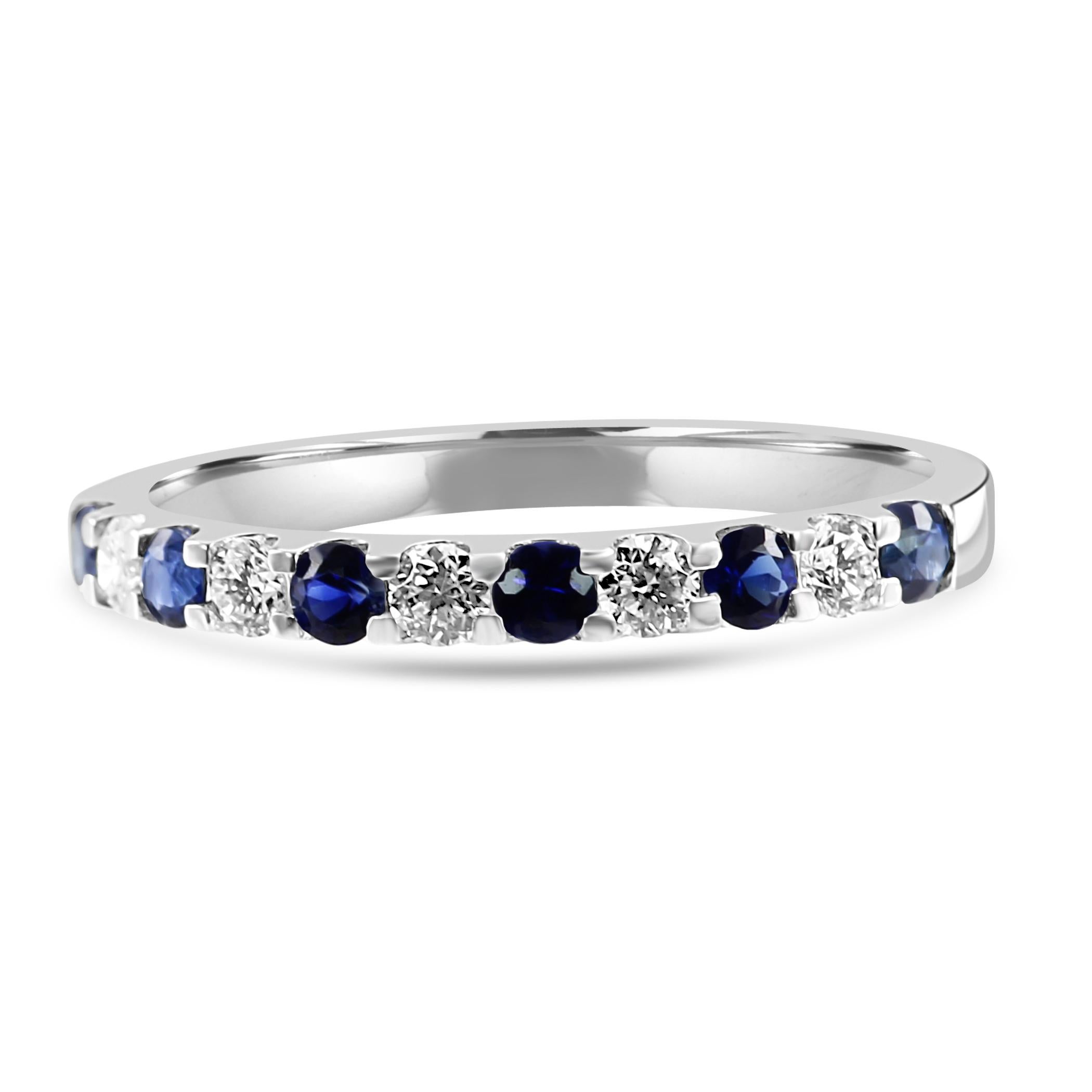 For Sale:  Blue Sapphire White Diamond Round 18K White Gold 11 Stone Engagement Band Ring 8