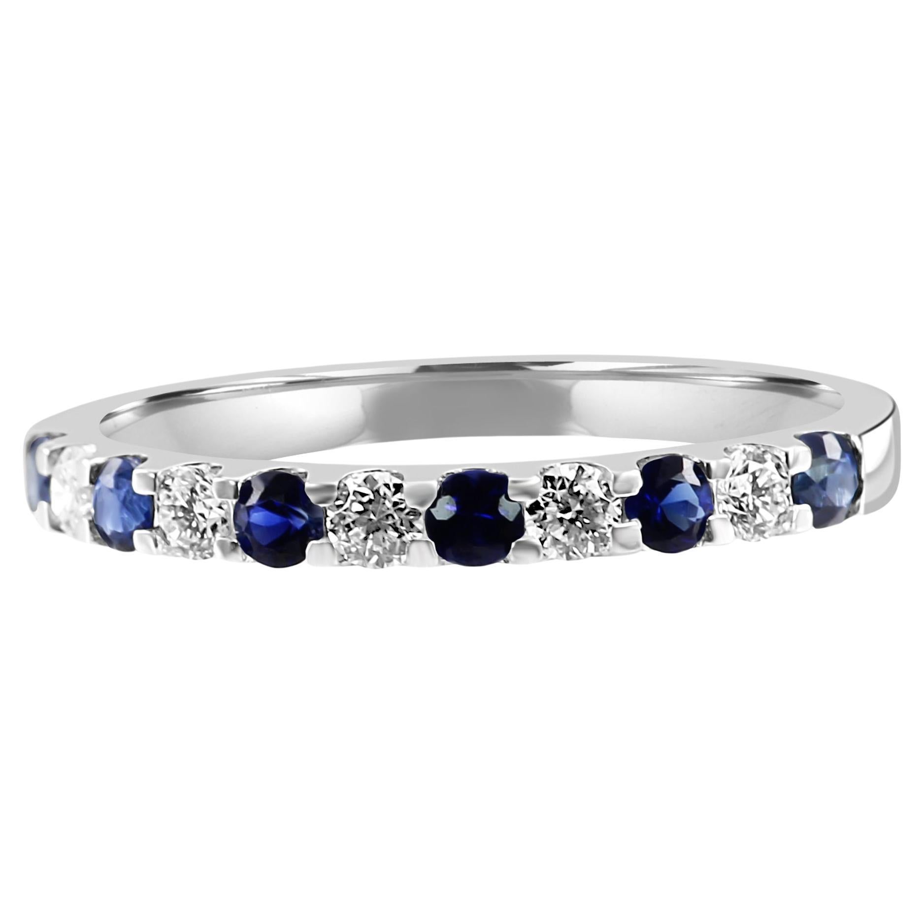 Blue Sapphire White Diamond Round 18K White Gold 11 Stone Engagement Band Ring