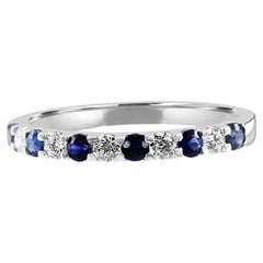 Blue Sapphire White Diamond Round 18 Karat Gold 11 Stone Engagement Band Ring