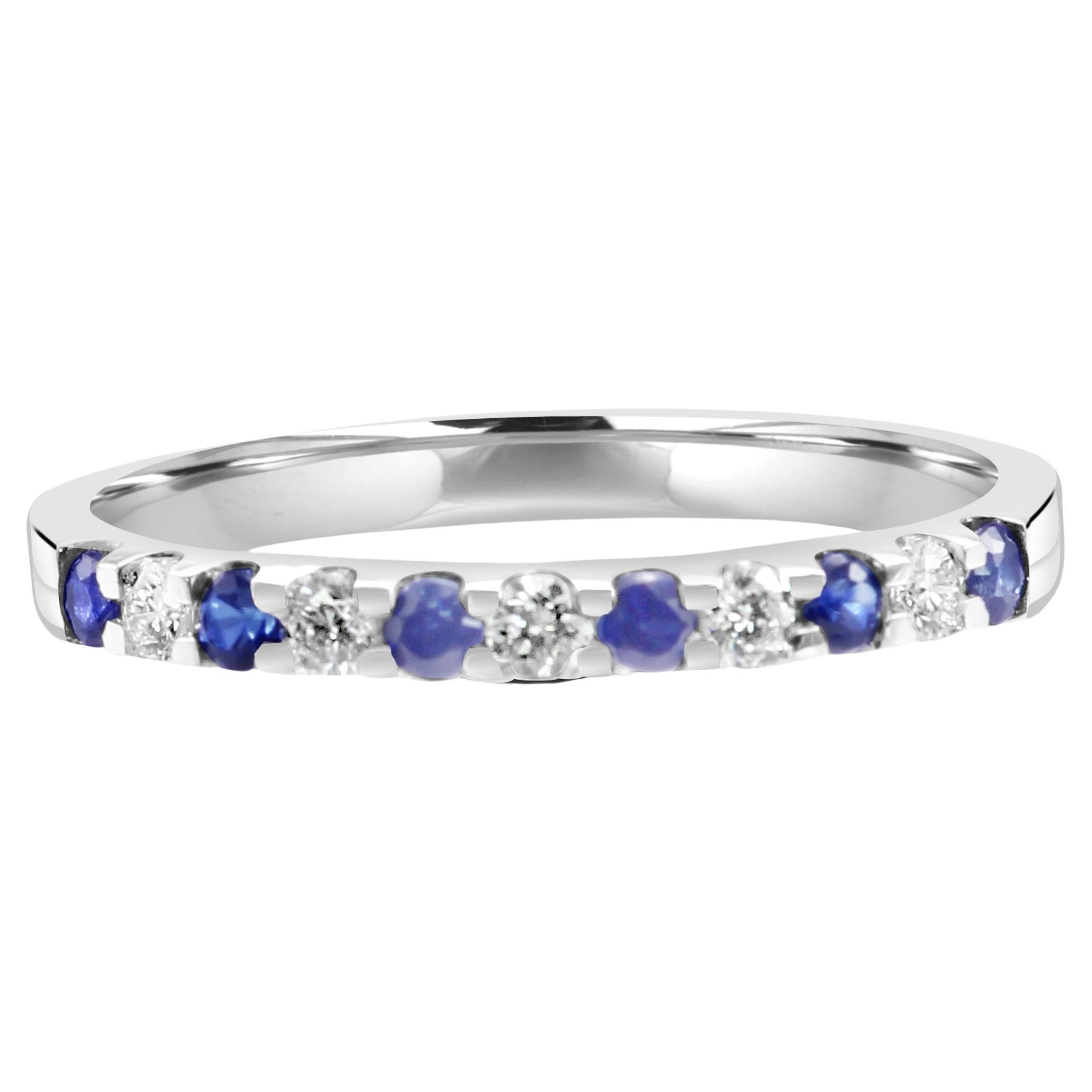 Blue Sapphire White Diamond Round 18K White Gold 11 Stone Engagement Band Ring